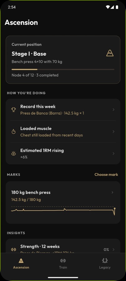 Ascension tab with current stage, progress and marks