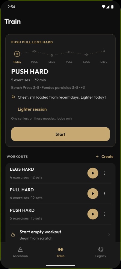 Train tab with today's workout and a plan